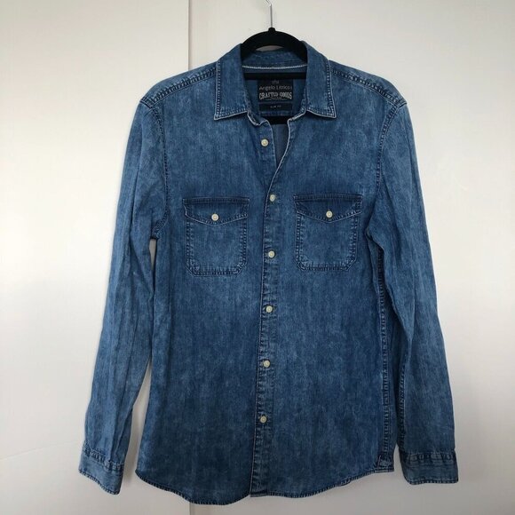ANGELO LITRICO Mens Blue Denim Shirt Slim Fit Button Down 100% cotton US S 37-38 - Picture 1 of 16